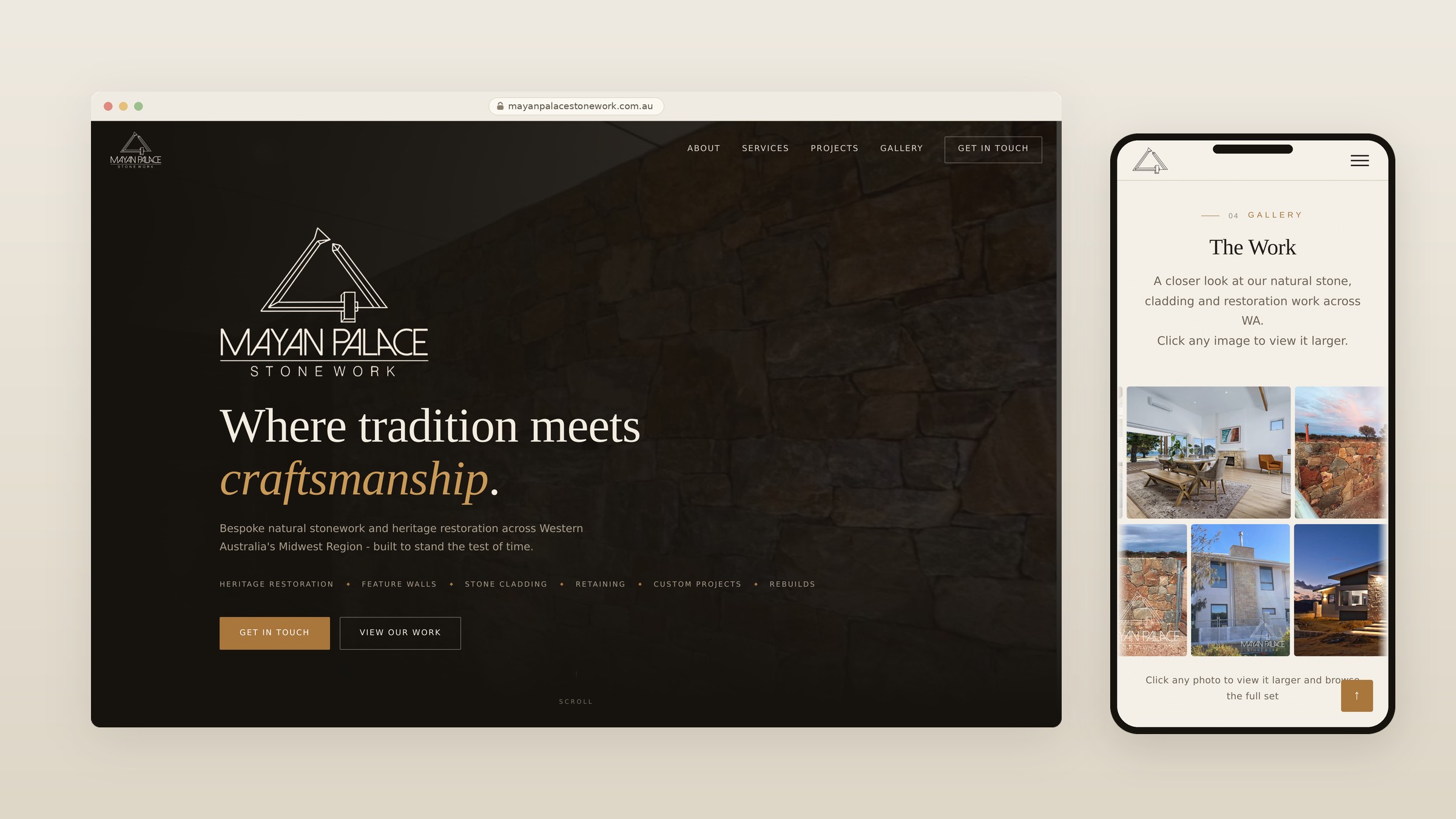 Mayan Palace Stonework homepage, desktop and mobile