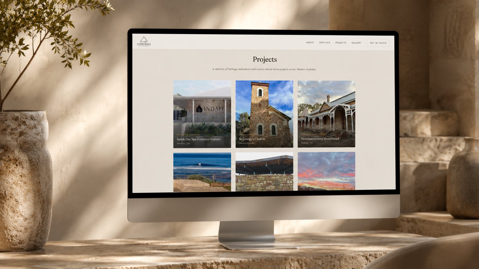 Mayan Palace Stonework projects page, six-project portfolio