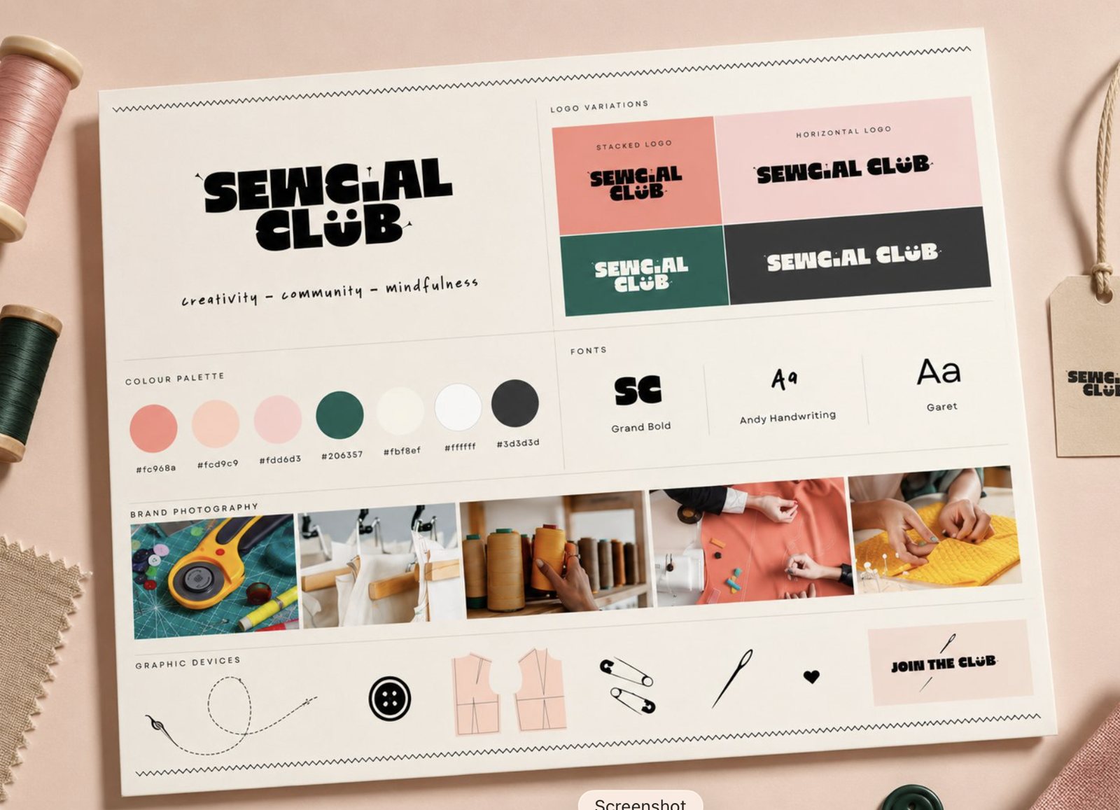 Sewcial Club brand board: logo variations, colour palette, fonts, photography and graphic devices