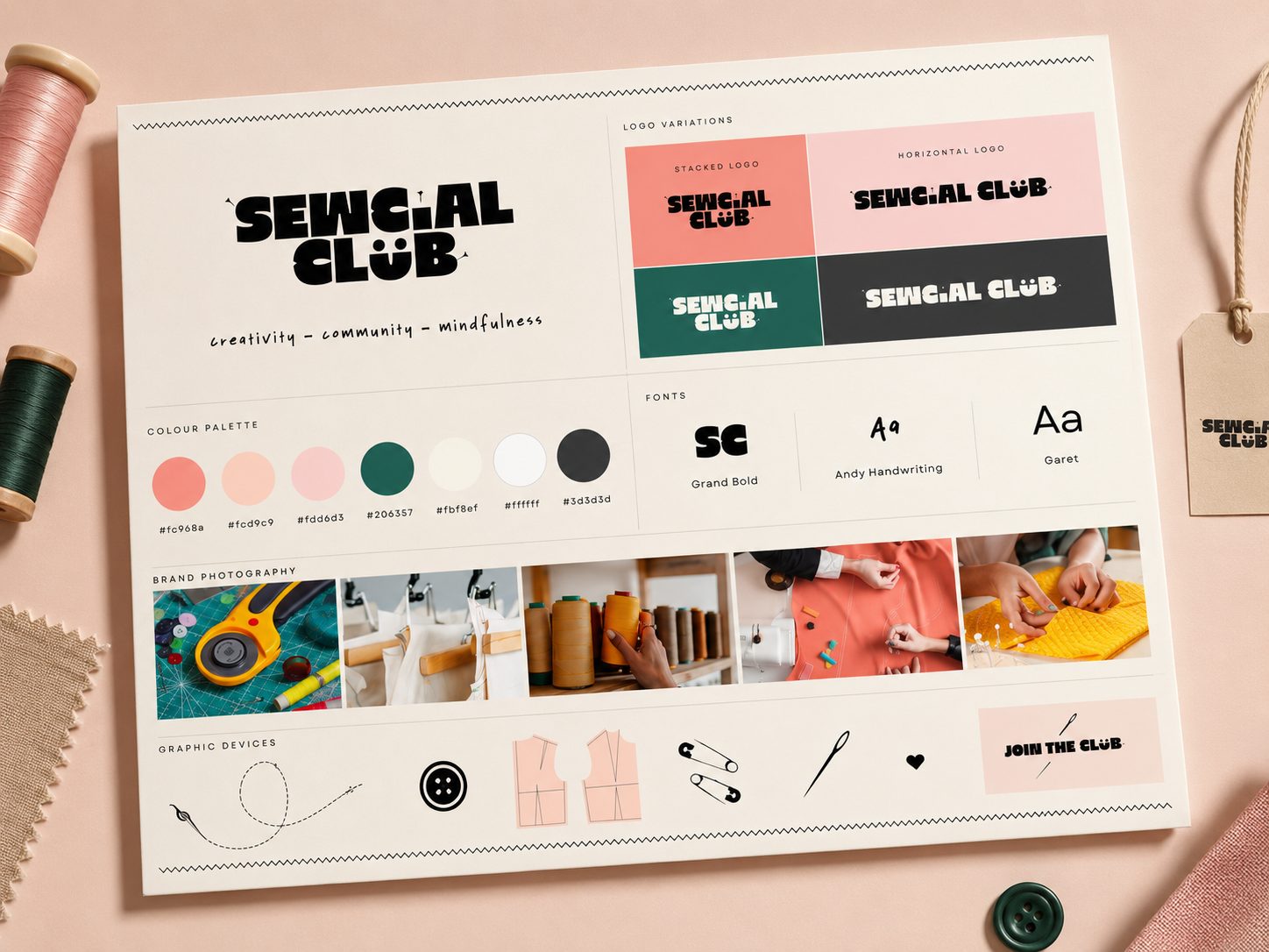 Sewcial Club brand collection: guidelines, tags, labels and product photography